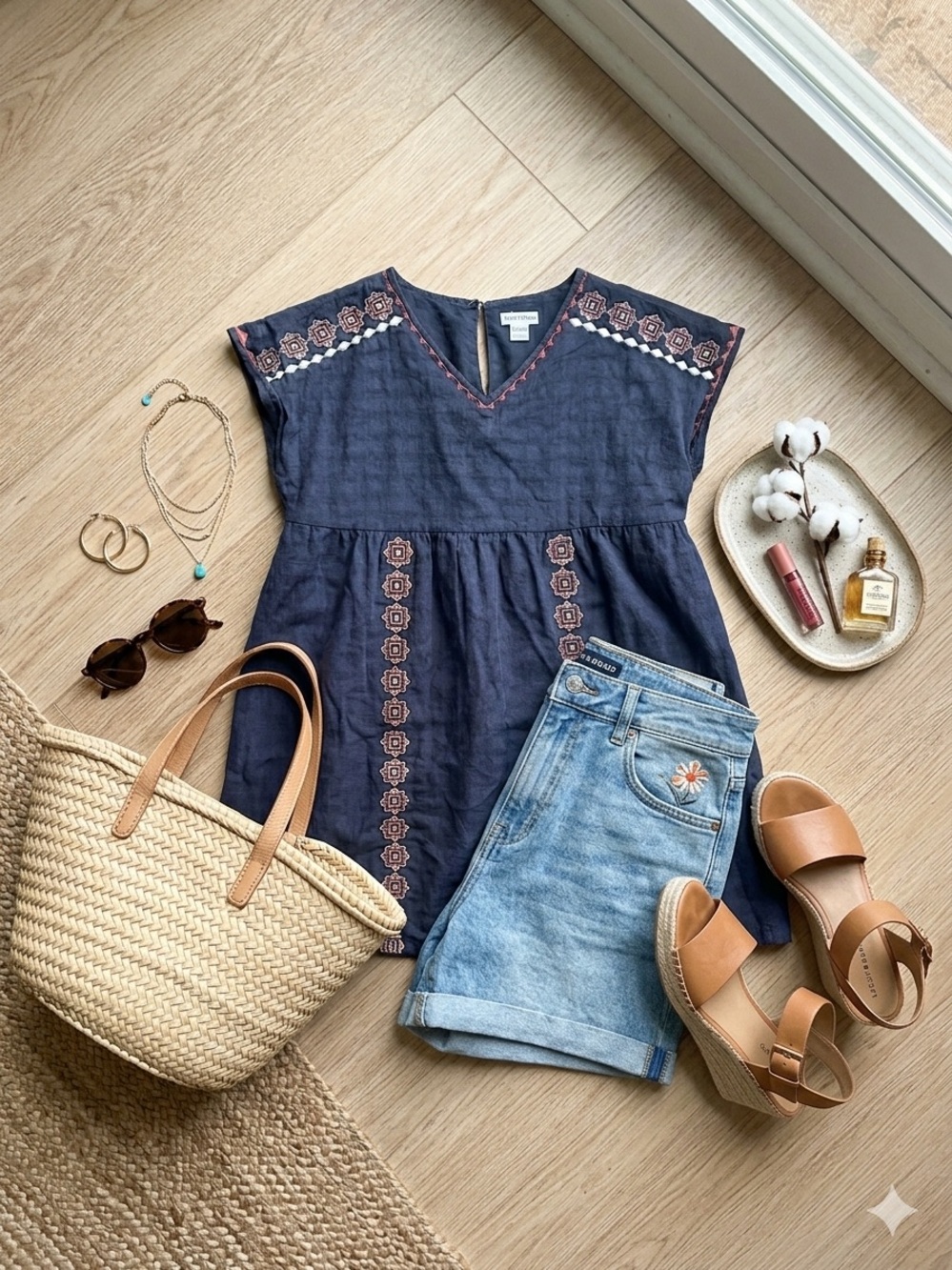 Lucky Brand Navy Boho Embroidered V-Neck Top Sz M Women's Blue Red Blouses